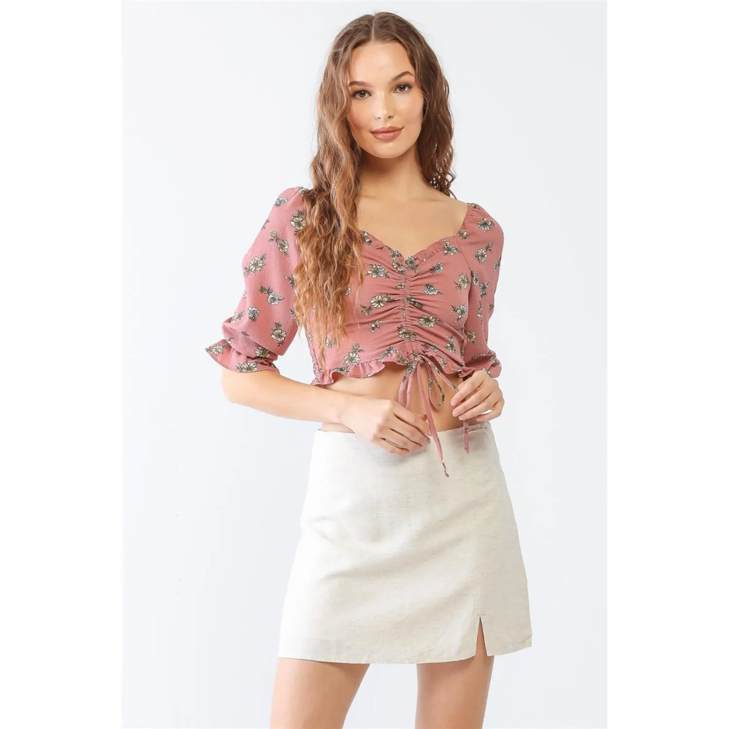 Tasha Apparel Floral Ruffle Smocked Back Ruched Crop Top