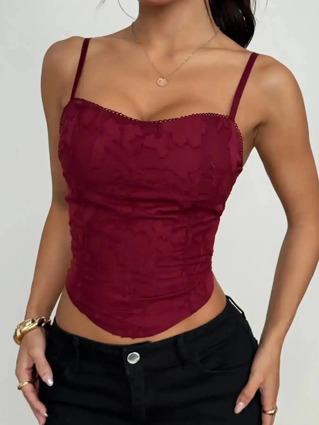 Women Corset Top Wine Red Cami Floral Jacquard Fabric Spaghetti Strap Tank Sweetheart Neckline Pointed Hem Bustier Sexy Valentine’s Day Outfit Slim Fit Feminine Camisole Romantic Date Night Y2K Crop Top Elegant Party Blouse Sleeveless Shirt Elegance