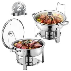 【Summervibes】VEVOR Chafing Dish Buffet Set,  , 5 Qt 2 Pack, Stainless Steel Chafer with 2 Full Size Pan, Round Catering Warmer Server with Glass Lid Water Pan Folding Stand Fuel Holder, for Wedding Party Banquet, Silver
