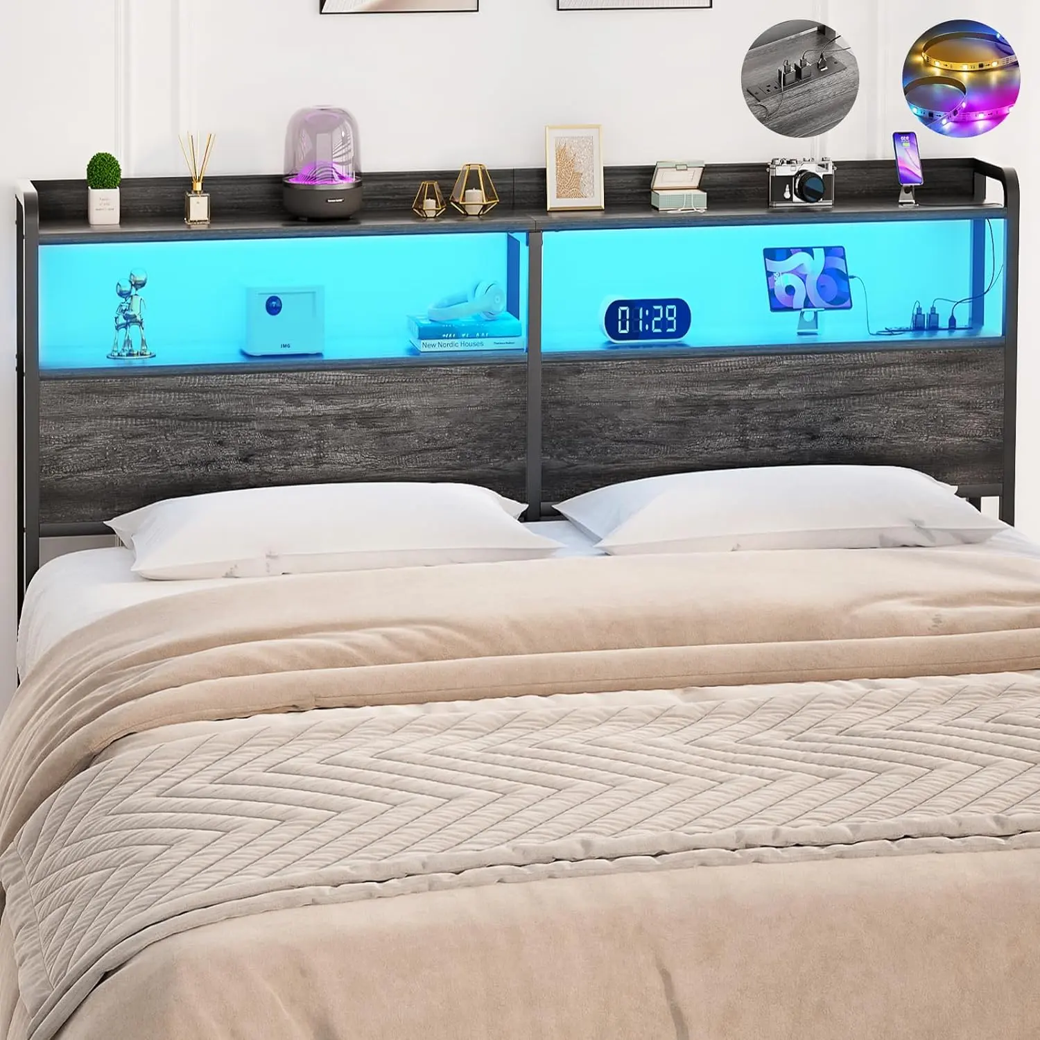 Cyclysio Height-Adjustable Decorative Metal Full Size Headboard with Built-In Outlets, Storage, Convenient Charging Station, Colorful RGB LED Lights, Curved Corners, Sturdy Stability, and Easy Assembly, Built-In Outlets Headboards, Led Bedframe Headboards