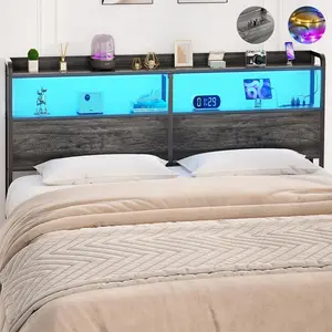 Cyclysio Height Adjustable HeadBoard with Storage ＆ Convenient Charging Station ＆ Colorful LED RGB Lights, Sturdy and Stable,Easy Assembly