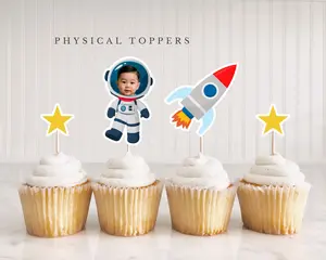Custom Photo Astronaut Rocket Star Cupcake Toppers, Personalized Baby Face Space Moon Party Decors, Boy Girl Galaxy Party - PRINT + SHIP