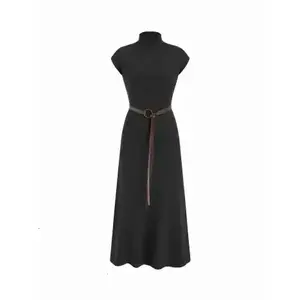 Knit High Neck Sleeve A-line Maxi Dress With Belt