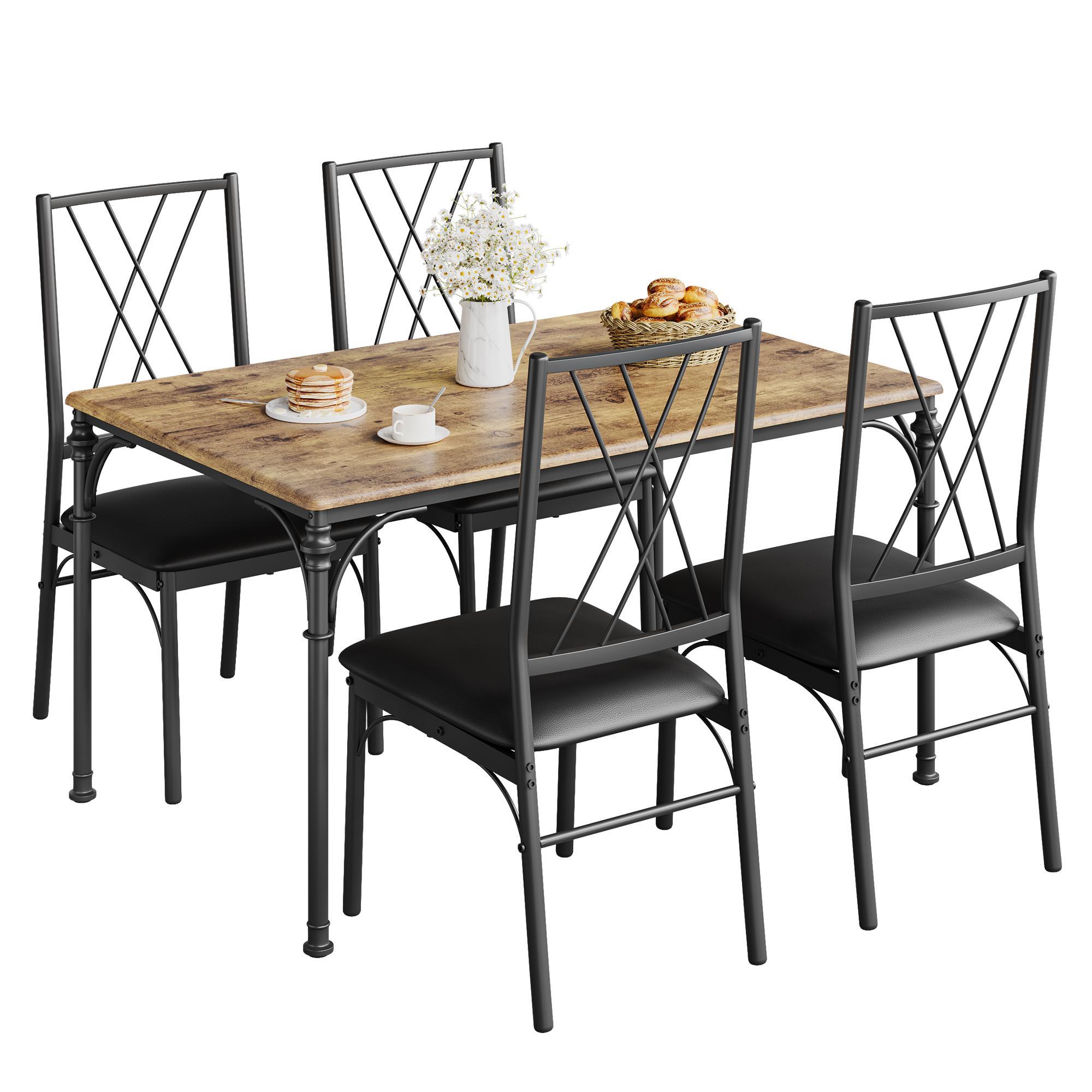 Modern 5-Piece Dining Table Set for 4, Space-Saving Rectangular Farmhouse Dinette Set with Table, Bench & 4 Chairs, Compact Wooden Dining Furniture for Kitchen, Breakfast Nook & Small Spaces