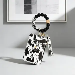 Cow Cartoon Leather Wristlet Wallet for Women-Bracelet Keychain Credit Card Holder with ID Window | Trendy Prints & Beaded Bracelet, Compact & Stylish for On-the-Go Lifestyles