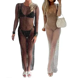 Women Bikini Cover Long Sleeve Dress with Pearl Decoration, See Through Skinny Version Clothing