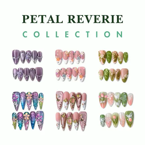 NailPhoria PETAL REVERIE Collection - Handmade Press-On Nails | Reusable, Salon-Quality, Long-Lasting, Glossy Design Floral Embellished Rhinestone