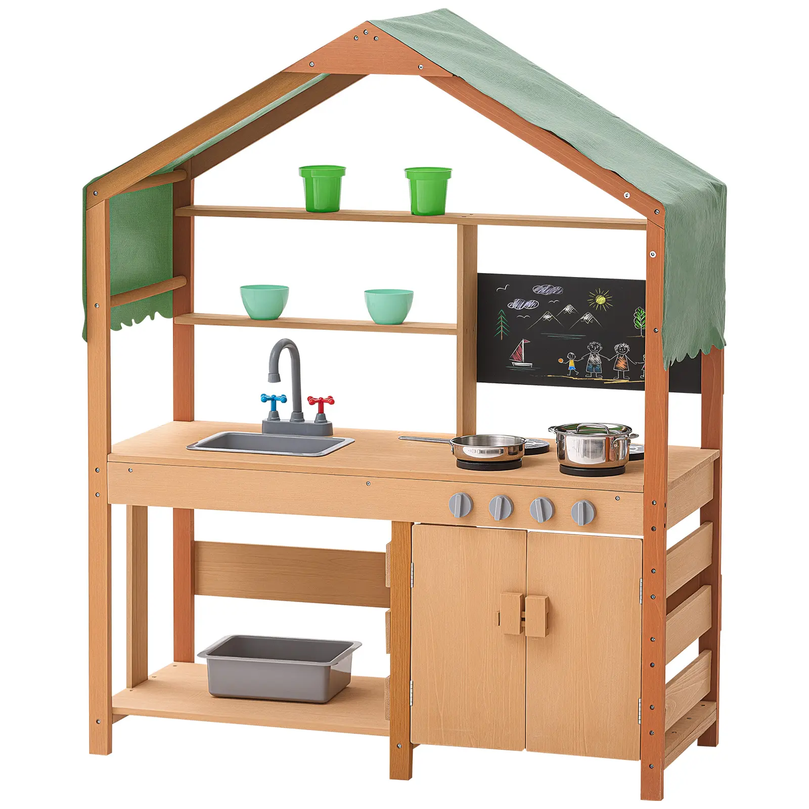 【SummerFinds】VEVOR Mud Kitchen for Kids, Wooden Toy Play Kitchen Set with Accessories, Outdoor Toddler Grocery Store Playset, Pretend Play Kitchen with Stoves, Planter Boxes, Sink, Faucet, Blackboard, Cookware Pot