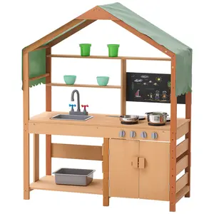VEVOR Mud Kitchen for Kids, Wooden Toy Play Kitchen Set with Accessories, Outdoor Toddler Grocery Store Playset, Pretend Play Kitchen with Stoves, Planter Boxes, Sink, Faucet, Blackboard, Cookware Pot