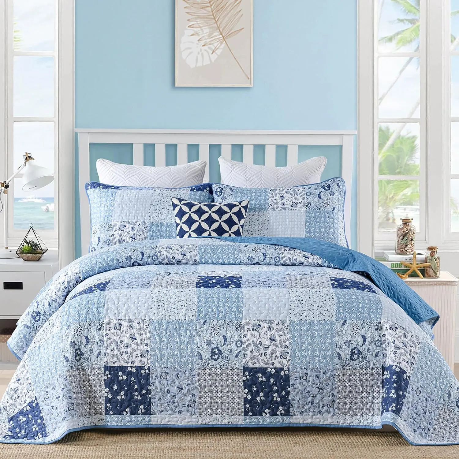King Size Blue Boho Patchwork Floral Microfibre Polyester Quilt Set - 3-Piece, Super Soft, Durable, Machine Wash Easy-Care, U-Stitching Layered Bedding for Garden & All Seasons, 104"x90" Farmhouse Coverlet, Set Includes 3