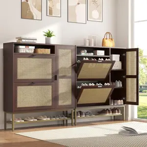 Rattan Shoe Cabinet with 3 Flip Drawers, Free Standing Shoe Storage Organizer with Adjustable Shelves, Scratch-Resist Coating, Fits Size 13 Shoes, Ideal for Entryway Storage (Brown) Drawer Shoe Cabinet