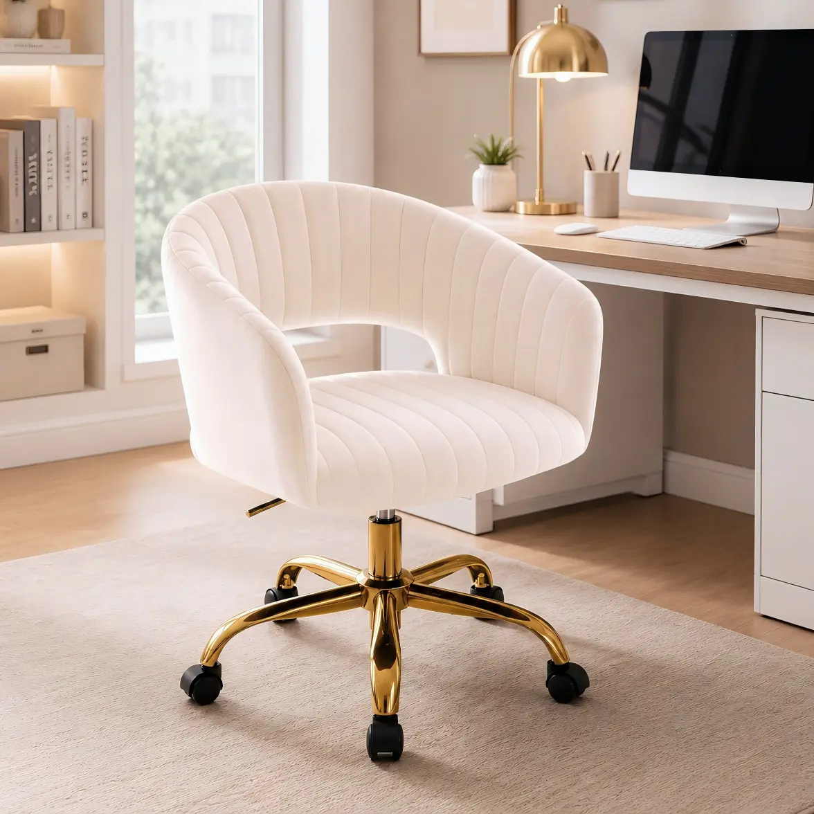 Curved Upholstered Vanity Chair with Golden Metal Base, Height Adjustable 360° Swivel Rolling Desk Chair, Ergonomic Barrel Armrest Makeup Chair for Bedroom Home Office Reading Nook, Max Load 250LBS