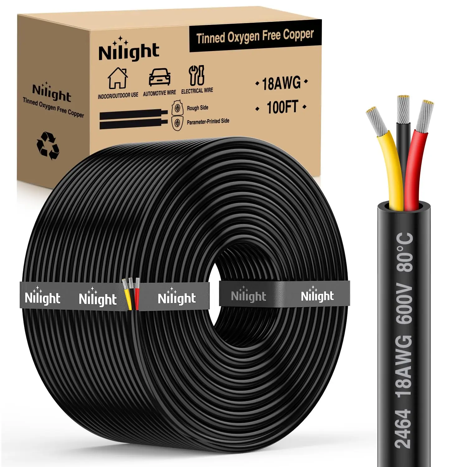Nilight 100FT 18AWG 3-Conductor Tinned Copper Wire, Flame Resistant Waterproof Flexible PVC+Copper 600V DC Extension Cord, High Strand Count Outdoor Safe Parallel Wires with Parallel Colors, Heat Shrink Tube, Cable Tie for Direct Burial, LED Strips
