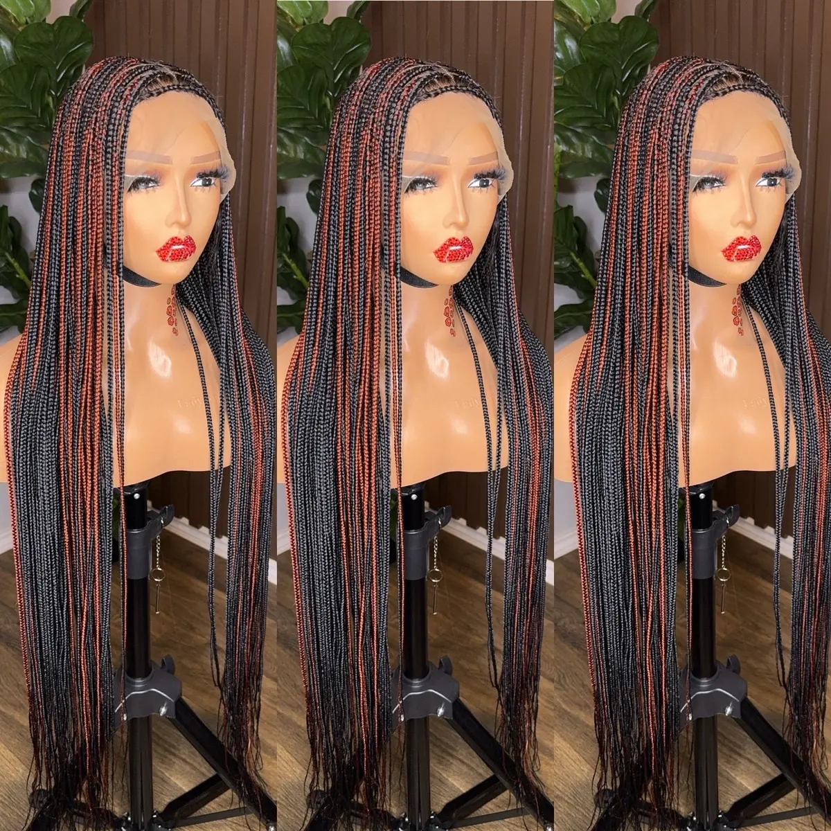 Black and Brown Knotless Braids Full Cuff 40 Inches Synthetic Braided Hair Afro Kinky Curly Wig for Immediate Delivery