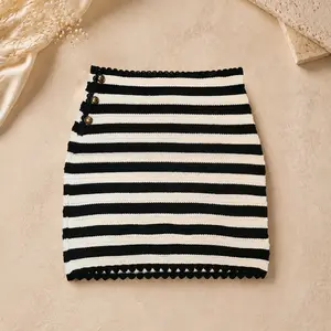 Black & White Striped Knit Mini Skirt with Gold Buttons