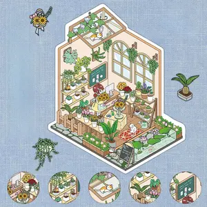 Four Spring Post Flower Shop Miniature World Landscape Transparent PET Material Graffiti Stickers, Suitable for Suitcases, Phone Cases, Laptops, Helmets, Skateboards, Waterproof Decorative DIY Creative Stickers.