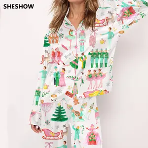 SHESHOW Lovely Nutcracker Christmas Silky Satin Pajama Set For Women Print Comfy Satin Sleepwear & Loungewear Pjs Printing Silky Top & Bottoms