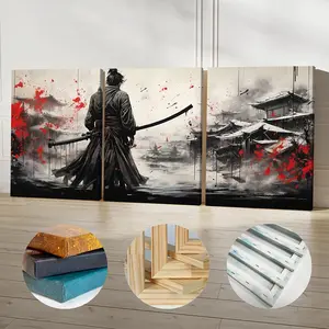 3 Piece Set Wooden Framed Canvas Poster, Japanese Samurai, Dragon, Vintage Watercolor Style, Geisha, Red Sun, Mount Fuji, Japanese Aesthetics, Warrior Art, Home Decor, Art Print, Wall Art for Living Room, Bedroom, Office, Hallway, Ideal Gift For Friends.