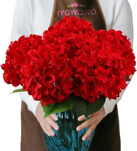 6PCS Large Silk Hydrangea Flowers, 20 in Full Faux Hydrangea Artificial Flowers with Stems Leaves for Fake Bouquets Home Valentines Day Xmas Christmas Centerpieces Arrangements (Red)