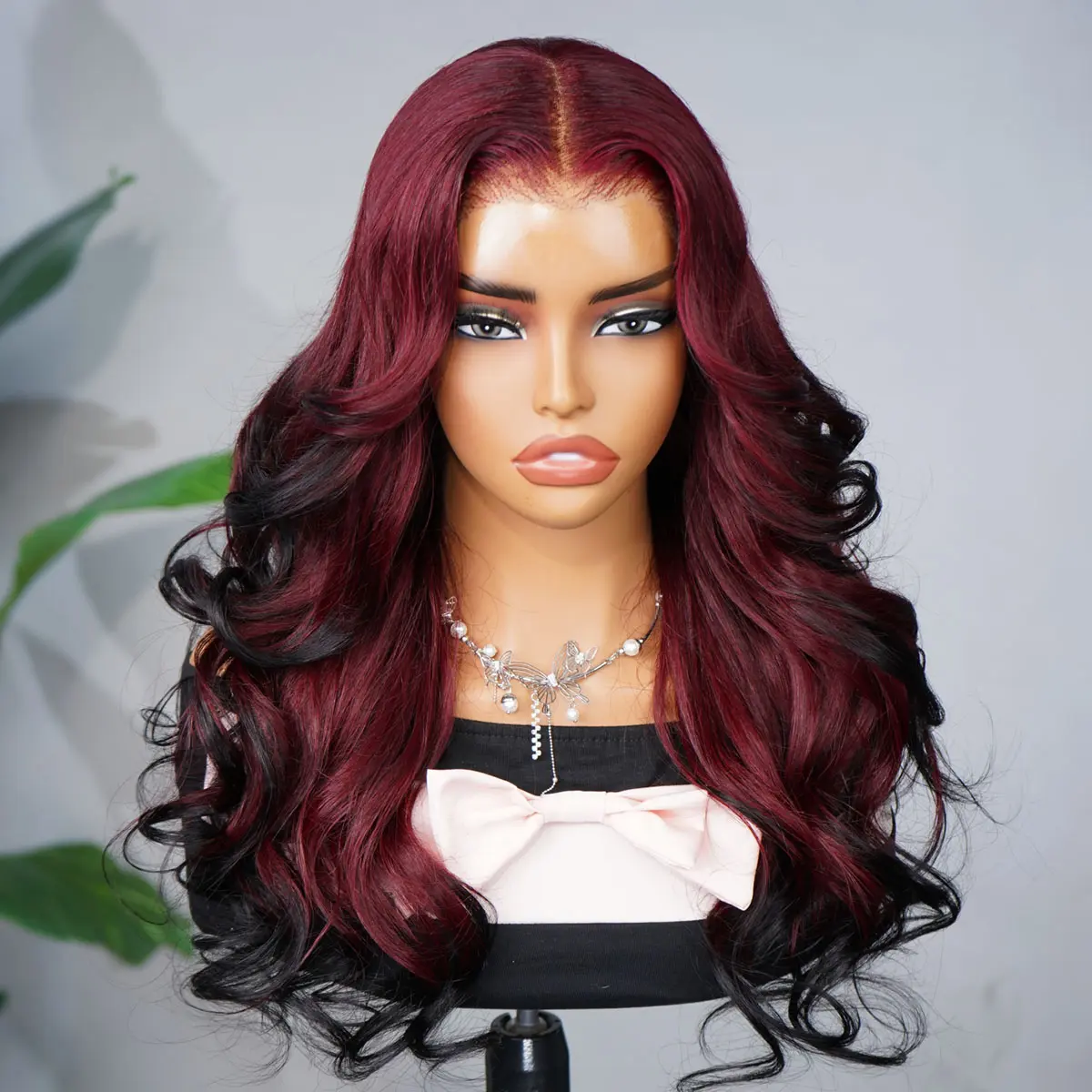 OQ HAIR Layered Body Wave Glueless Wigs Burgundy 99J To Black Ombre Color Pre-Cut 13x6 Lace Wear Go Glueless Wig With Flexible Fit Drawstring OQ HAIR Layered Body Wave Glueless Wigs Burgundy 99J To Black Ombre Color Pre-Cut 13x6 Lace Wear Go Glueless Wig With Flexible Fit Drawstring
