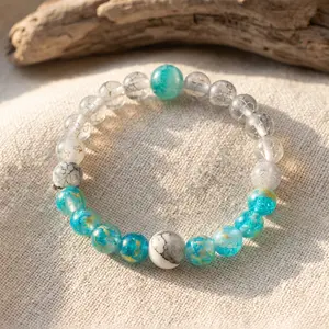 Retro Cracked Texture Crystal Bead Stretch Bracelet with Clear and Teal Beads for Everyday Wear - Stylish Vintage Modern Accessory