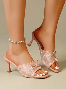 Elegant Floral Lace Kitten Heel Mules Comfy Square Toe Slip On Sandals for Women