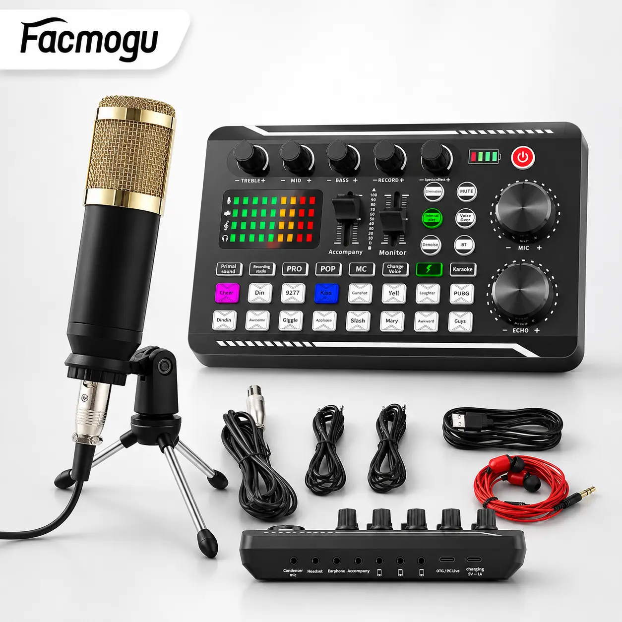 [Facmogu]F998 Podcast Equipment Bundle, Audio Interface & BM800 Condenser Microphone with Tripod Stand, Professional Recording Studio Package for Live Streaming, Broadcast, Recording, YouTube, TikTok