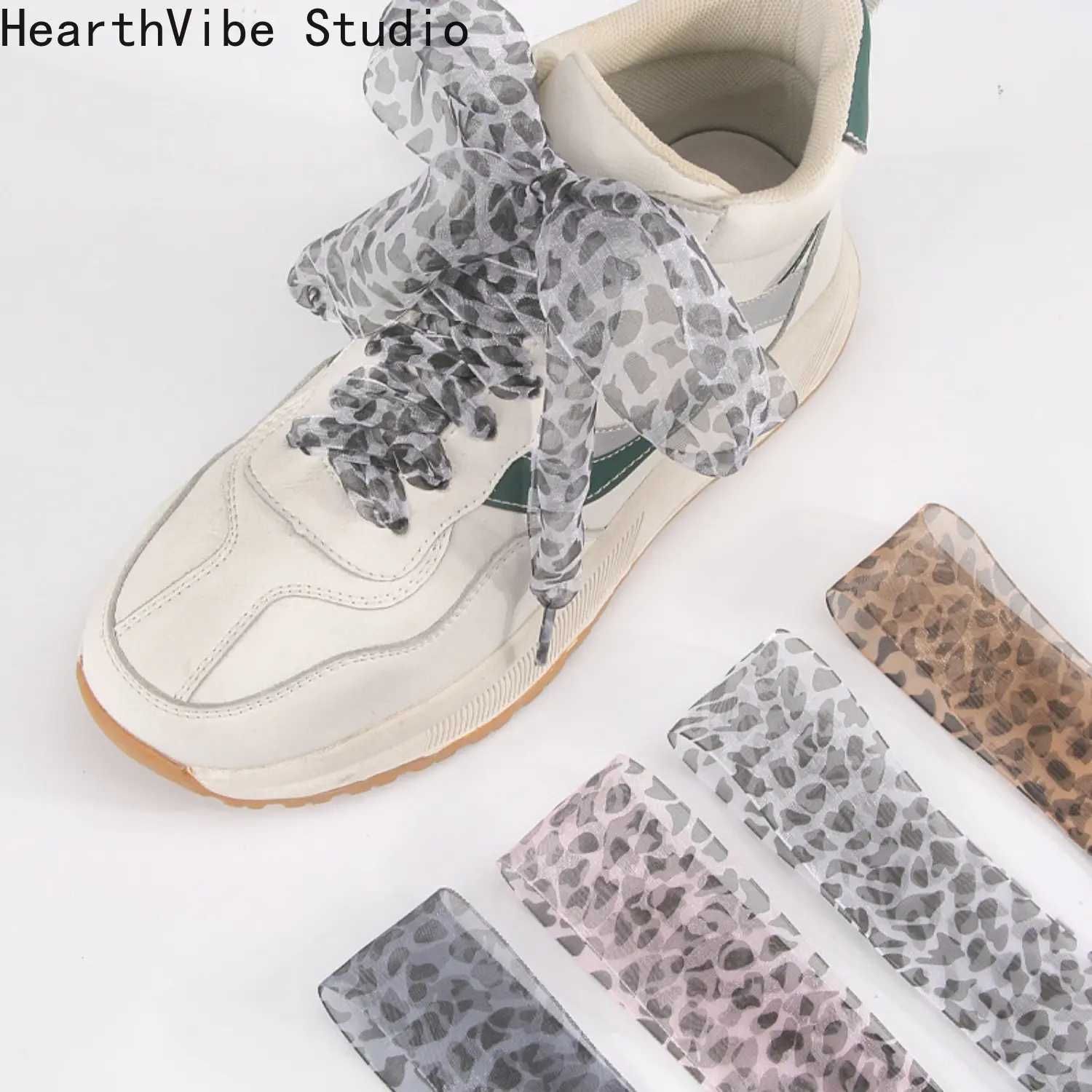 White Leopard Print Sports Shoelaces, 4cm Extra-Wide Sheer Organza Ribbon, Casual Lace-Up Design for Sneakers