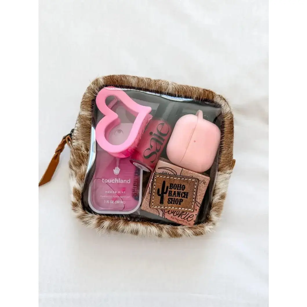 Boho Ranch Shop Cowhide Cosmetic Clear Case - Toiletry Makeup Travel Bag