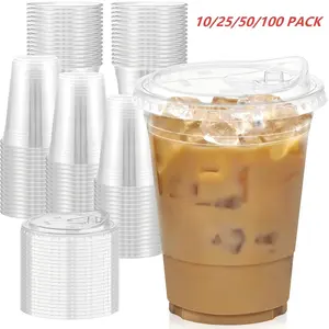 16oz Transparent Plastic Cup, Reusable Ice Coffee Mug with Lid, No Straw, Ideal for Parties, Weddings, Events, Cold Drinks, Plastic Clear Cups