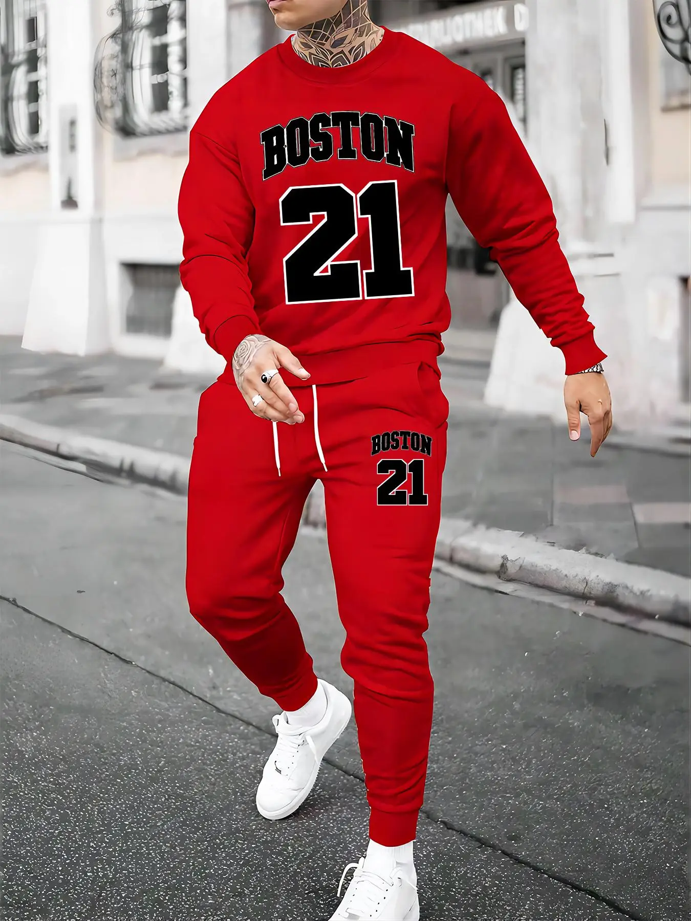 Men's Letter Print Drop Shoulder Long Sleeve Sweatshirt & Drawstring Waist Sweatpants Two-piece Set, Comfy Pants Outfits for Daily Outdoor Wear, Men'