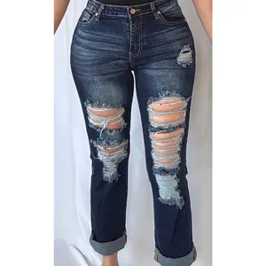 Cropped Distressed Rolled Cuff Jeans