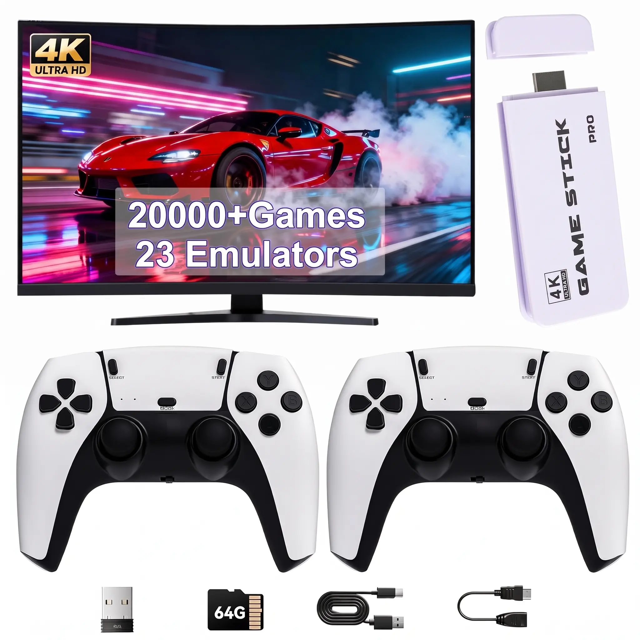 2026 Upgraded Retro Gaming Console Stick - 4K HDMI Plug-and-Play TV/Projector Stick with 14 Built-in Emulators, 20000+ Games, 2 Wireless Controllers (White)