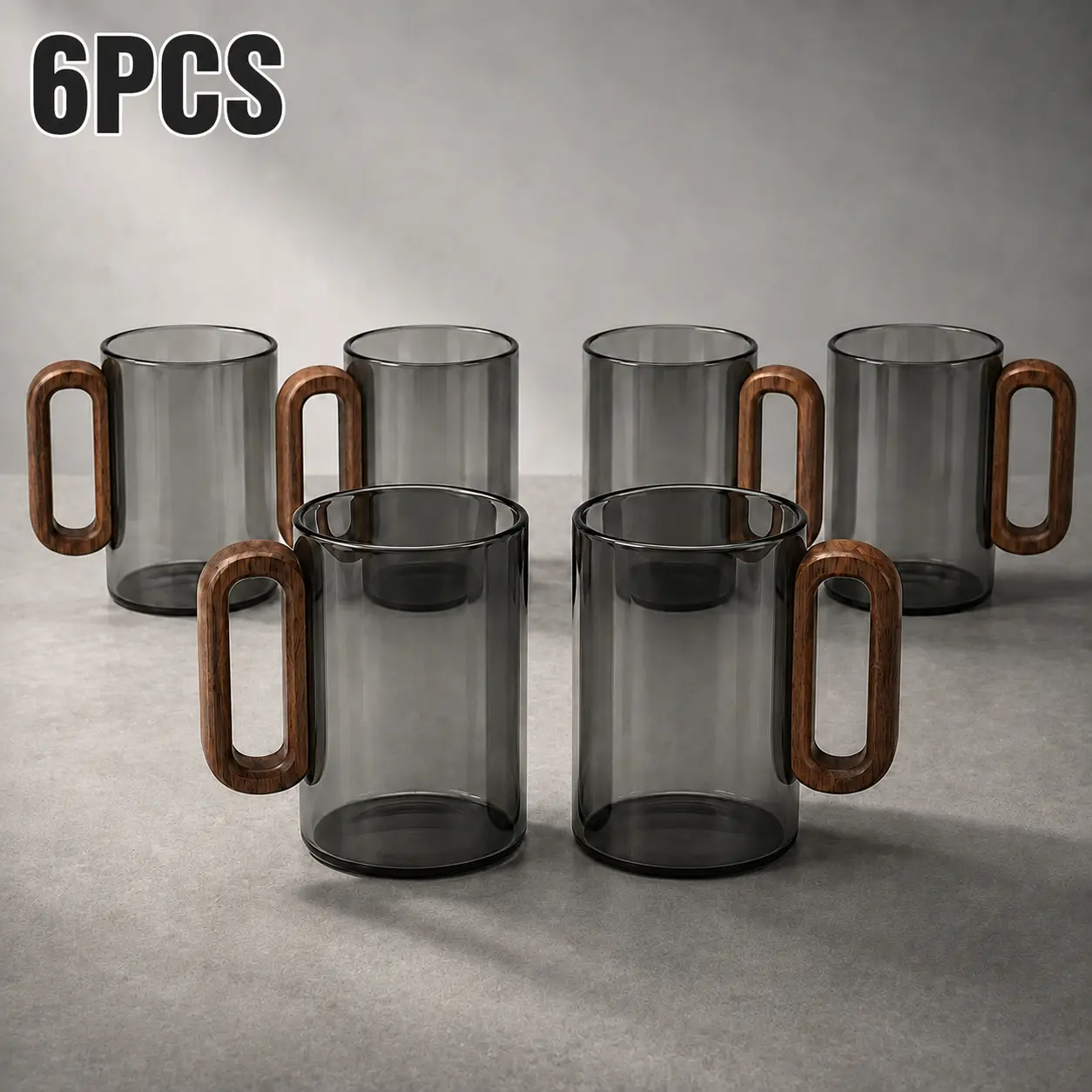 6 Pack Smoky Gray Glass Cups with Wood-Look Handles, Modern Drinkware for Coffee, Tea & Iced Drinks, Ideal for Kitchen Coffee Bars & Entertaining
