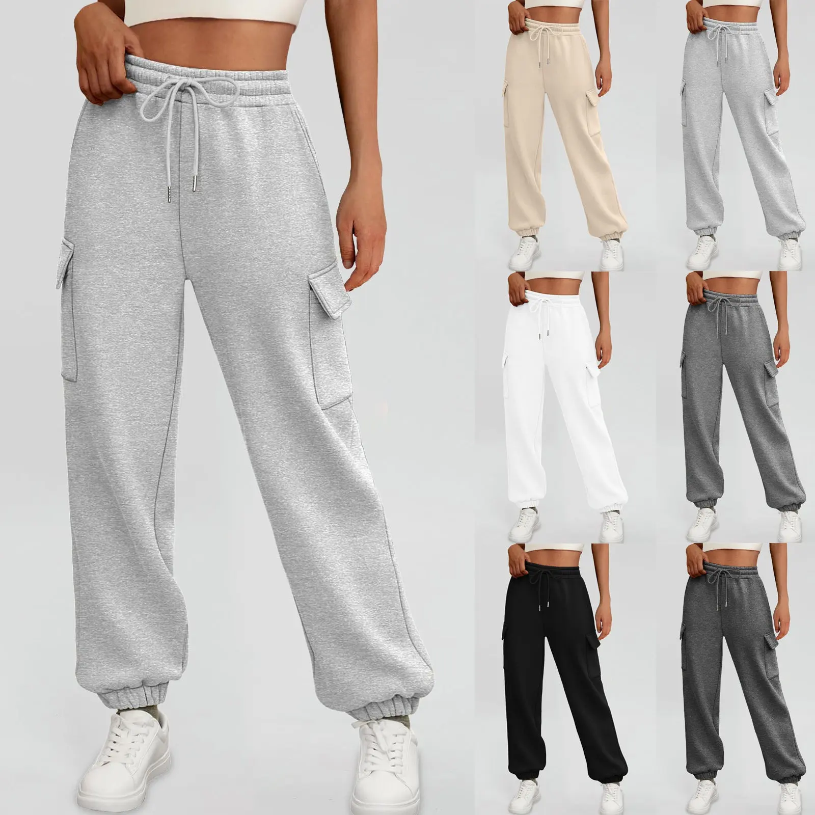 Women's High-Waisted Polyester Plush Thermal Cargo Joggers - Fleece-Lined Casual Sweatpants with Pockets, Adjustable Drawstring Elastic Waist Sportswear
