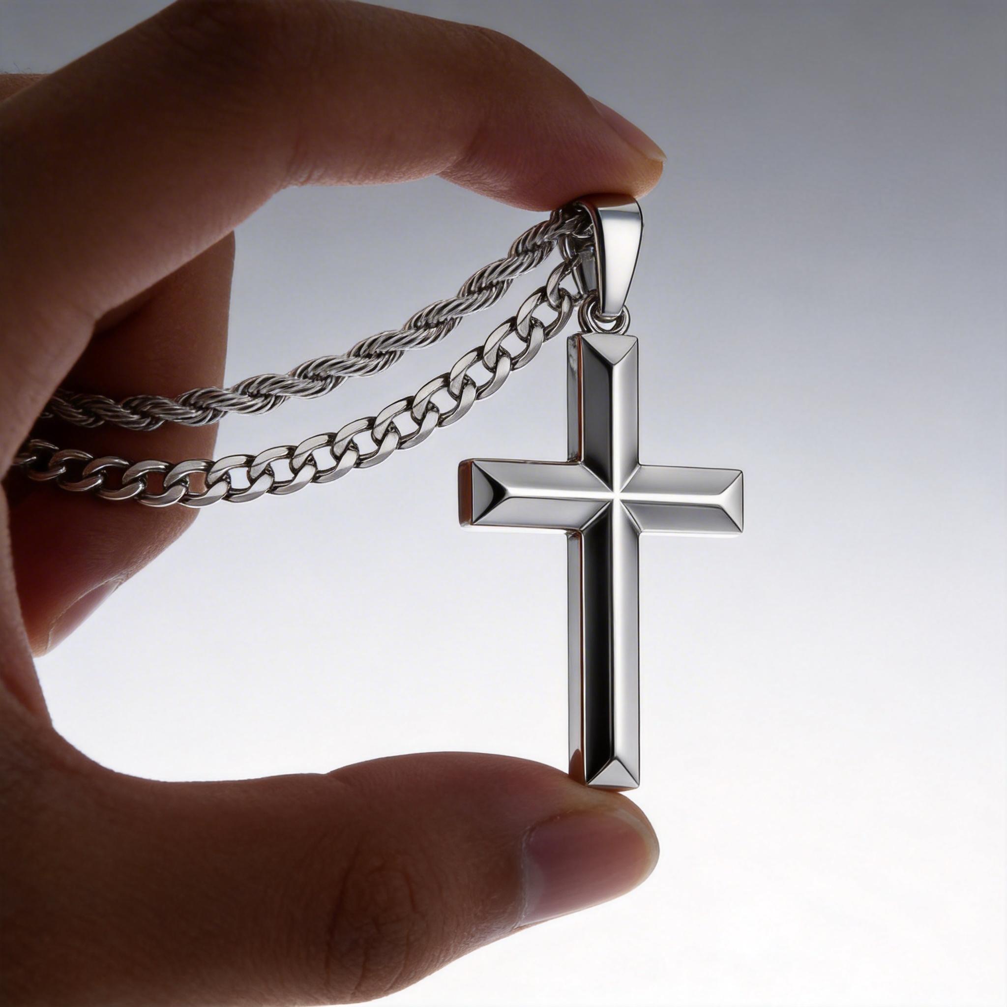 Stainless Steel Cross Pendant Necklace with Cuban Link Chain,50CM Polished Faceted Cross Necklace for Men Women,Designed for daily wear, hypoallergenic, oxidation-resistant, rust-proof and waterproof – durable, stylish and easy to layer.