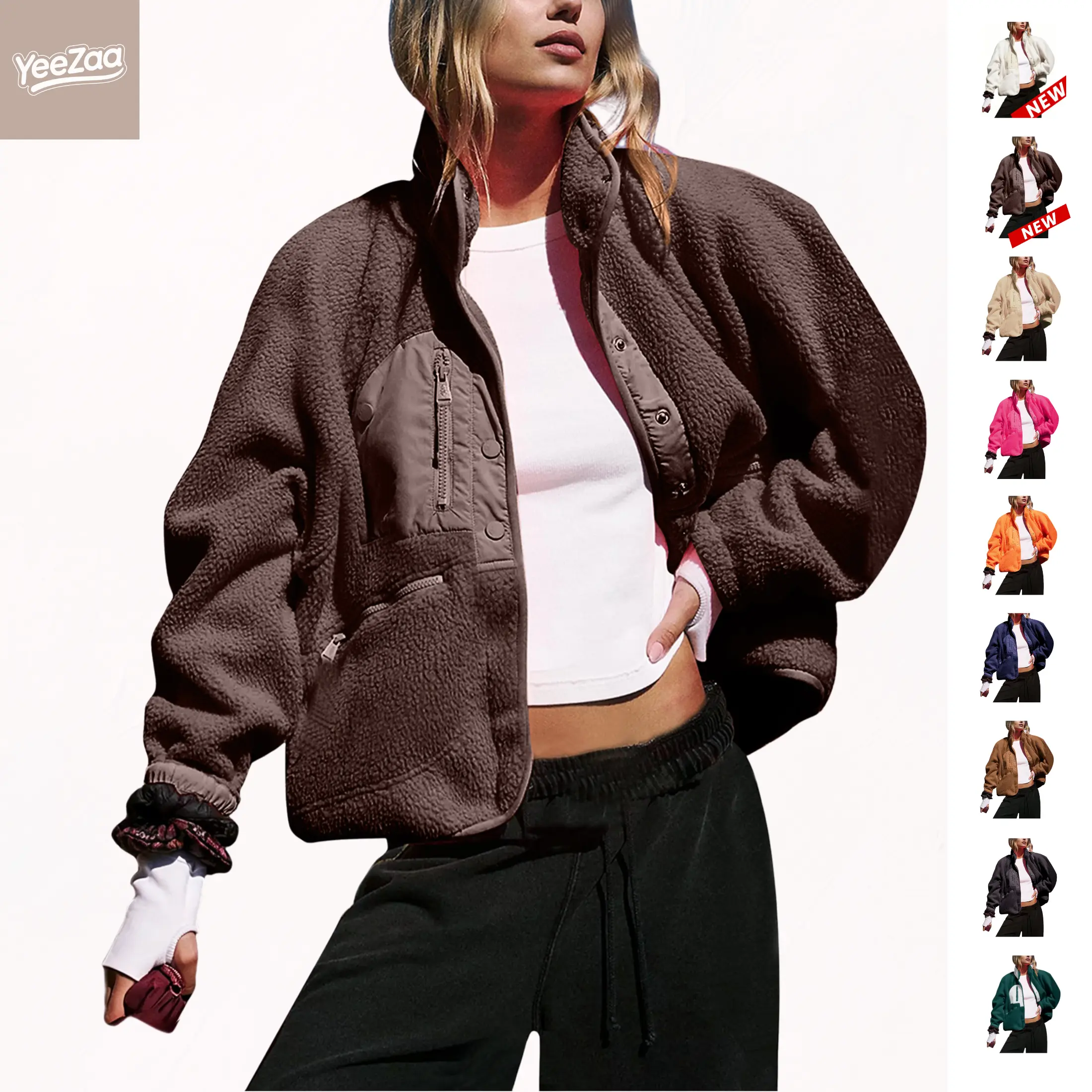 YeeZaa Women's Cropped Sherpa Lined Fleece Jacket 2026 Fall Warm Button Down Fuzzy Coats Shacket Outerwear with Pockets