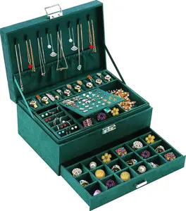 Qbestry Jewelry Box for Women with Drawer, 3-Layer Large Jewelry Organizer with Lock & Key, 8 Necklace Hooks & 56 Earring Holes, Green Velvet Jewelry Storage Box for Necklaces Earrings Rings Bracelets QBestry