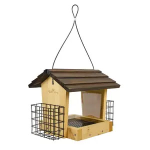 Cedar Hopper Bird Feeder with Suet Holder – 3QT Wild Bird Feeder for Sunflower Seed & Suet Cakes, Outdoor Backyard Feeder