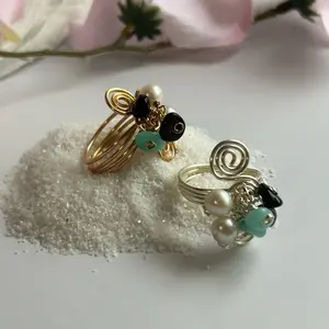 Soul Wire Ring with Freshwater Pearls, Natural Stones, and Carefully Wrapped Wire, Gold and Silver Color Options