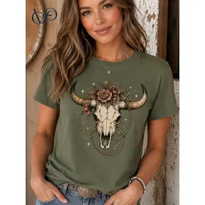 Women's Western Boho T-Shirt with Floral Bull Skull Graphic, Casual Olive Green Short Sleeve Round Neck