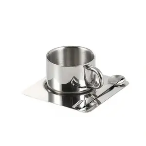 North European Style Metal Coffee Cup and Saucer Set, Simple Design Stainless Steel Durable Tableware, Ideal for Home Restaurant Use
