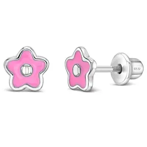 Groovy Enamel Flower Baby / Toddler / Kids Earrings Screw Back Enamel - Sterling Silver