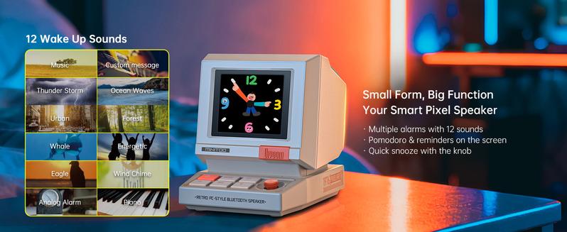 Divoom MiniToo Retro Pixel Bluetooth Speaker &ndash; 90s-Inspired PC Design,App Control, Alarm, White Noise, Retro Desk Portable Speaker for Music,Gaming Room Decor