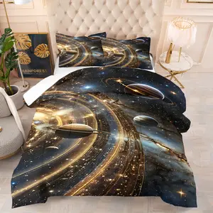 2/3 Piece Space Themed Bedding Set, Galaxy and Planet Pattern Printed Comforter Set, Suitable aor Bedroom Decoration, Soft, Comfortable, Simple and Fashionable, Modern Bedding Set, Including 1 Quilt and 1/2 Pillowcase