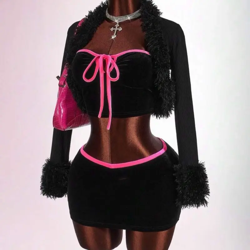 PT Solid Fuzzy Trim Open Front Crop Fall Clothes Women Jacket