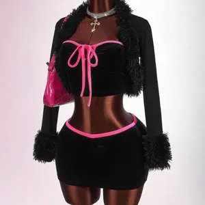 PT Solid Fuzzy Trim Open Front Crop Fall Clothes Women Jacket