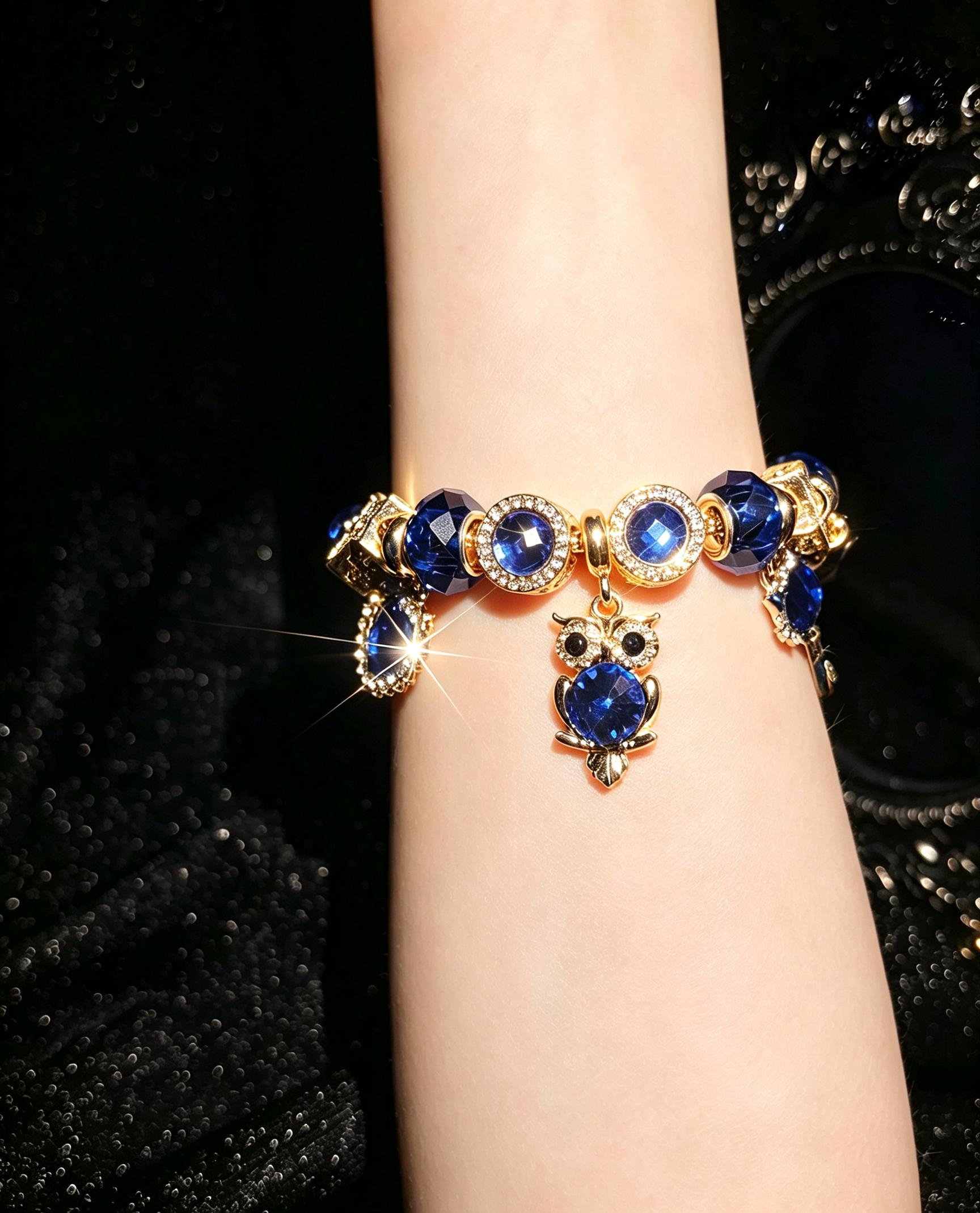 Women's Sparkly Blue Crystal Charm Bracelet - Gold-Tone Adjustable Snake Chain with Owl, Star, Heart Rhinestone Dangle Charms, Elegant Evening Party Jewelry Gift for Teen Girls