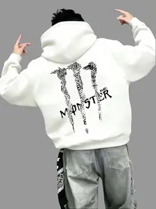 Monster Text Patchwork Graphic Hoodie | Heavyweight Fleece Streetwear Sweatshirt, Y2K Aesthetic Streetwear Oversized Sweatshirt