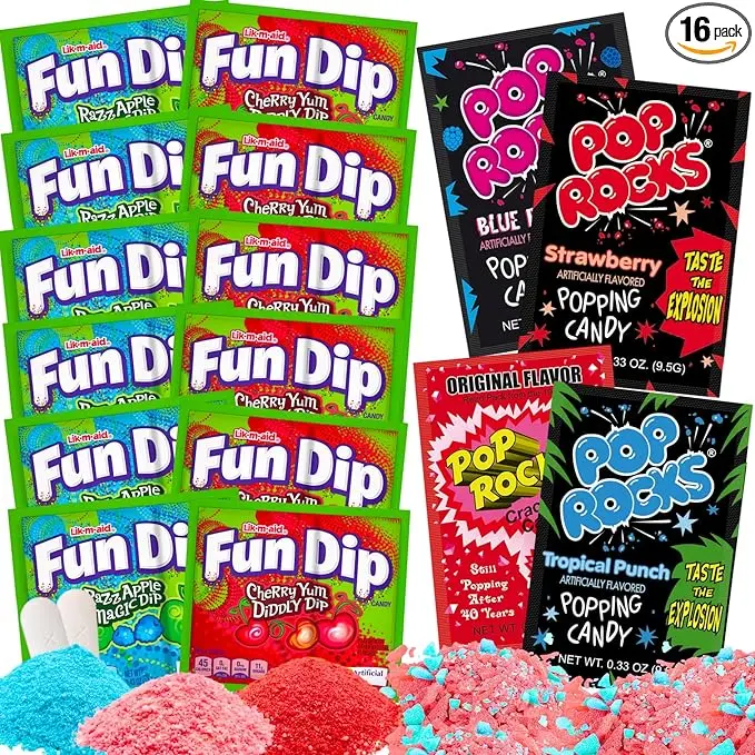 Fun Dip, Pop Rocks Variety Pack - Nostalgia Candy Sampler - Includes Various Pop Rocks Flavors and Fun Dips Lik a Stix, Cherry Yum and Razz Apple - Packaged by Gaudum (16)
